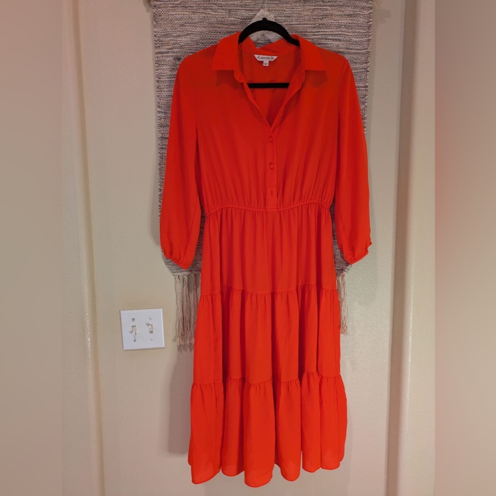 Nanette Lepore Red Sundress with Notched Collar and Cuffed Sleeves
